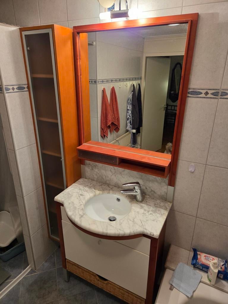 Badkamermeubelset met marmeren blad en wastafel en spiegel, Ophalen, Gebruikt, 50 tot 100 cm, 25 tot 50 cm
