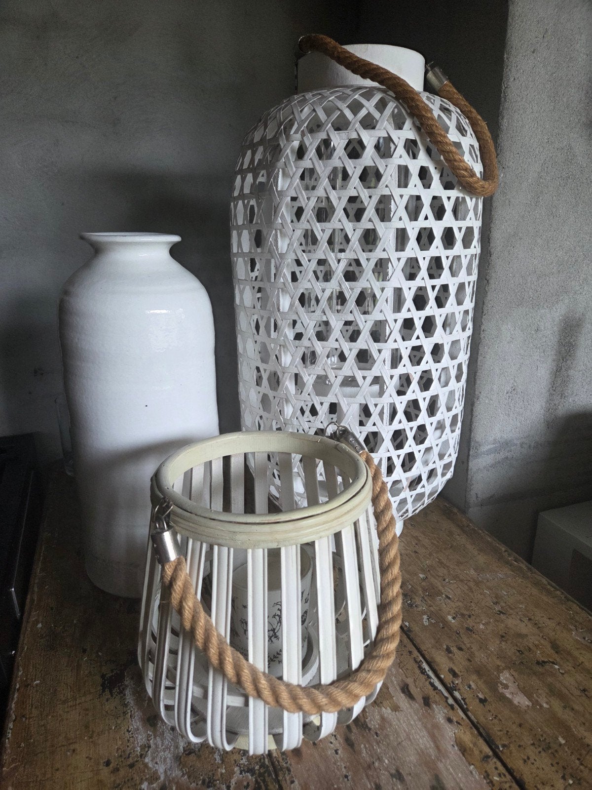 Riviera Maison set: windlichten en vaas, Ophalen, Gebruikt, Wit, Met handvat