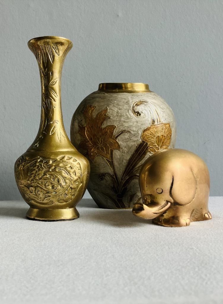 Messing cloisonne emaille vintage vazen olifantje seventies, Ophalen of Verzenden, Zo goed als nieuw, Dier