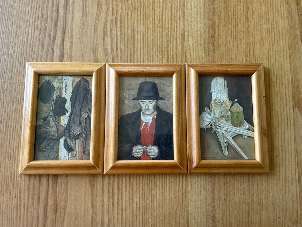 Set van 3 ingelijste kunstwerken - Hout, met ophangsysteem, Bruin, Gebruikt, Hangend, Hout