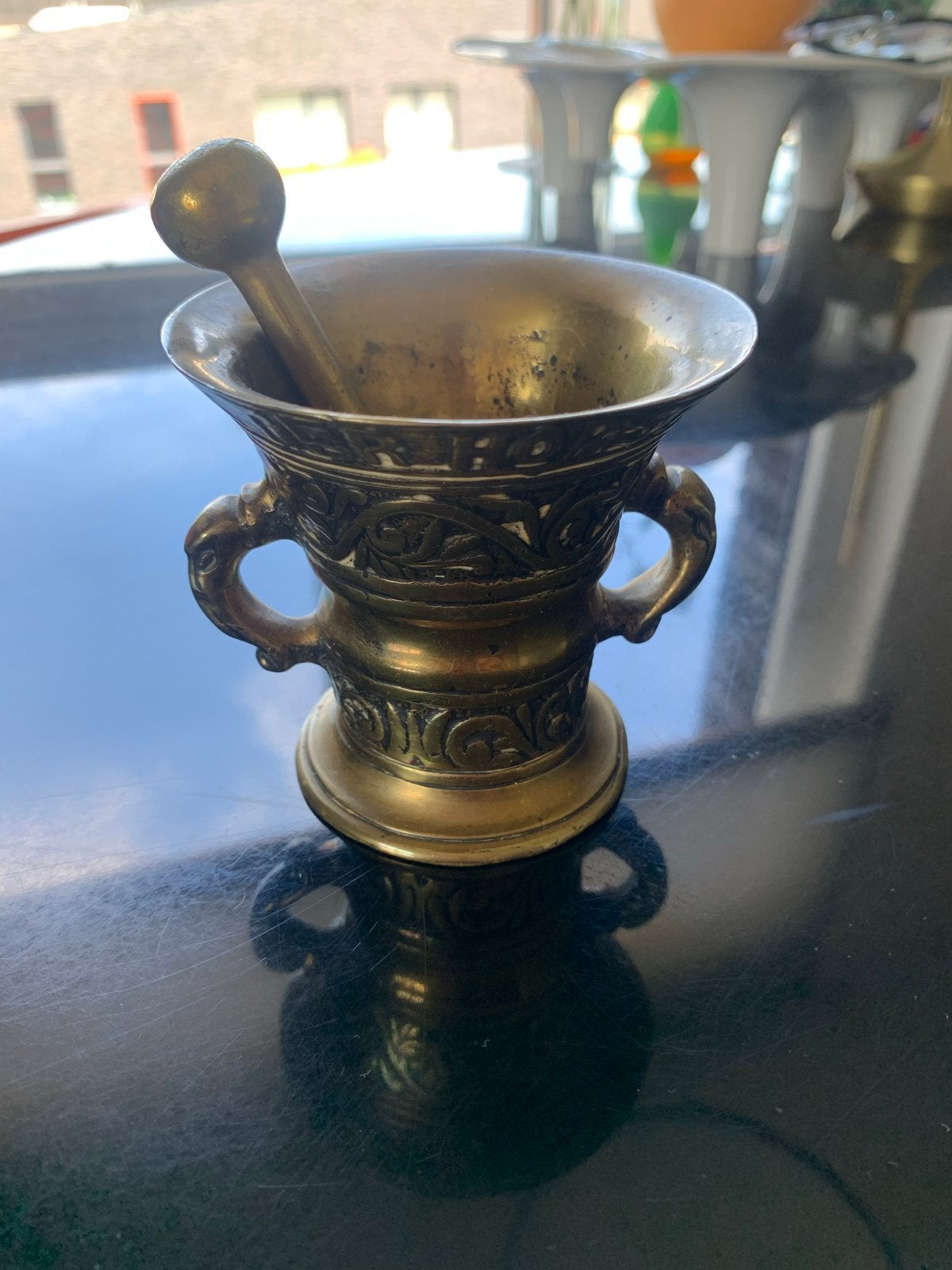 Antieke bronzen vijzel met stamper, Ophalen of Verzenden