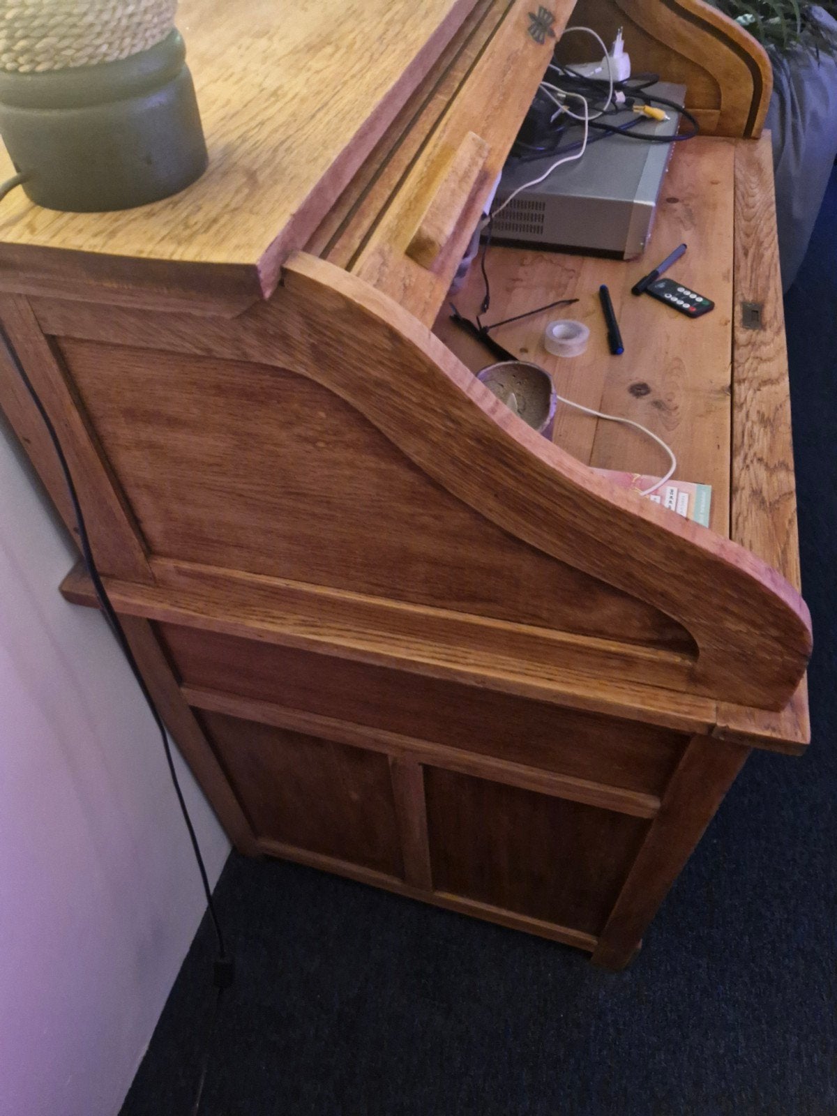 Houten rolluikbureau - L 115 x H 110 x B 66 cm, Ophalen, Gebruikt, Hout, Secretaire