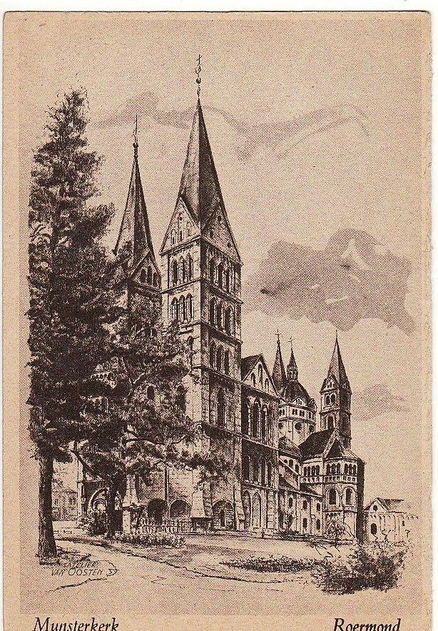 Roermond Munsterkerk pentekening van Oosten. ca. 1950 (?), Verzenden, 1940 tot 1960, Ongelopen, Limburg
