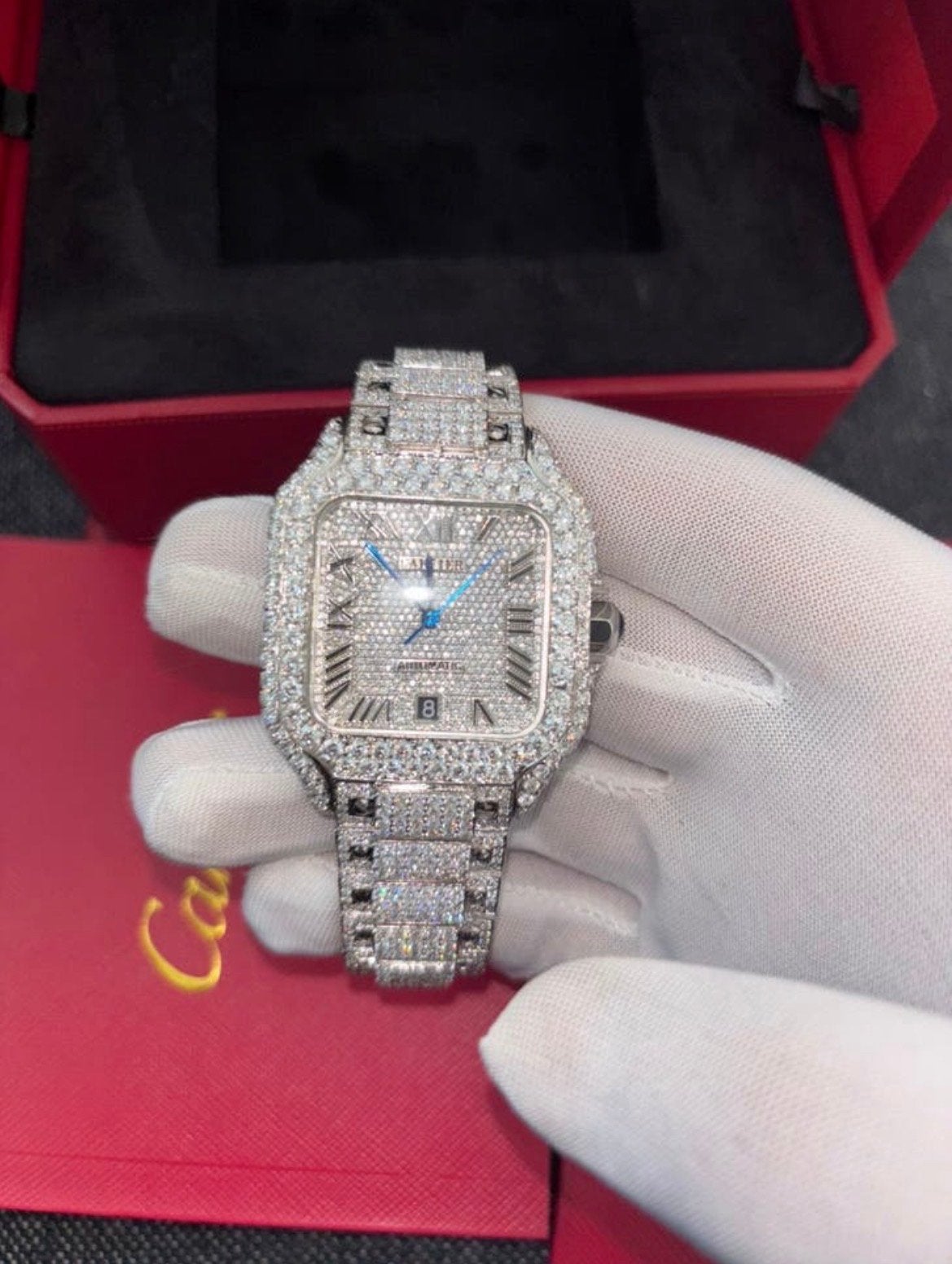 Cartier Santos Moissanite Horloge, Overige merken, Staal, Polshorloge, Ophalen of Verzenden