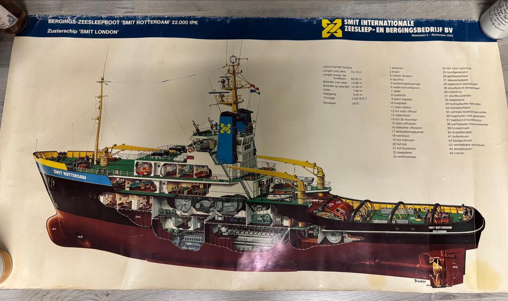 Vintage Poster: Sleepboot 'Smit Rotterdam' 22.000 IPK, Ophalen, Gebruikt, Auto's