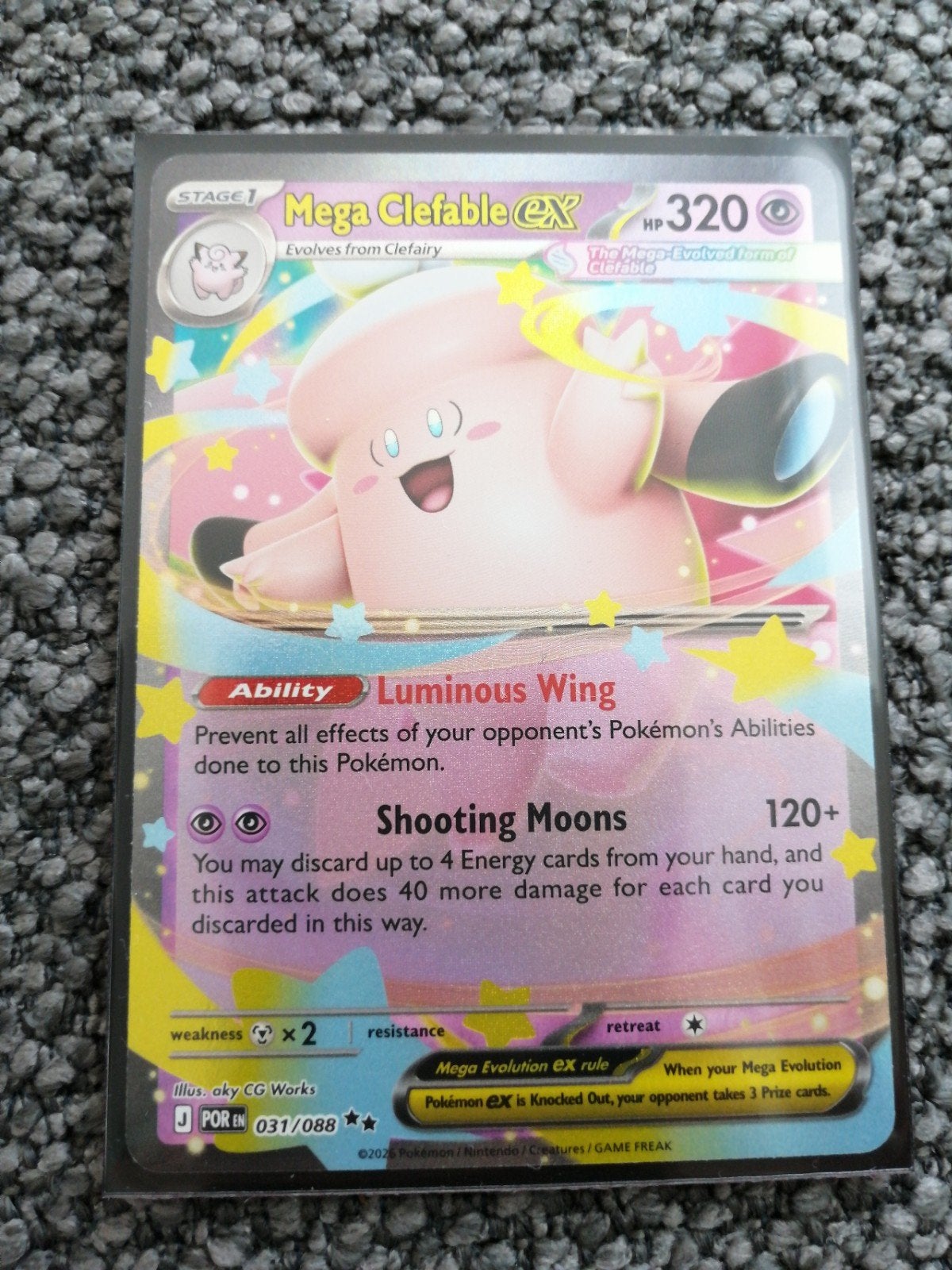 pokemonkaart MEGA CLEFABLE EX in sleeve, Ophalen of Verzenden, Zo goed als nieuw, Losse kaart, Foil