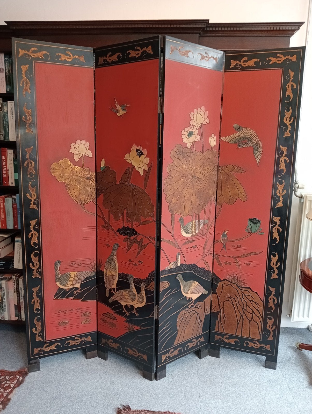 Prachtig Chinees kamerscherm, rood met vogels en bamboe, Ophalen of Verzenden, Chinees, Chinees, Chinees