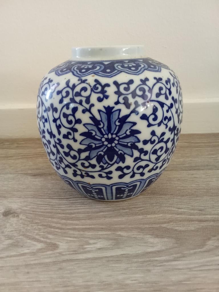 Vintage Chinees gemberpotje, blauw-wit porselein, 14 cm, Antiek en Kunst, Ophalen