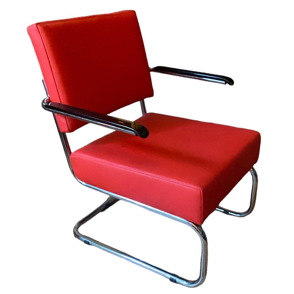 Fauteuil rood leer, Huis en Inrichting, Fauteuils, Ophalen, Gebruikt, 75 tot 100 cm, Leer