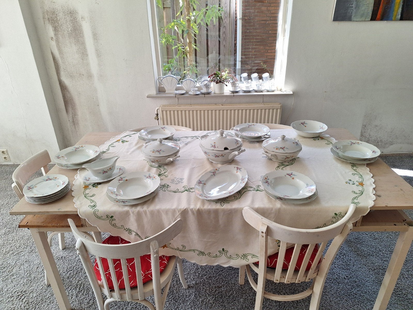 Jaren '40 6-persoons RGK servies met bloemmotief, 27-delig., Overige merken, Klassiek, Ophalen of Verzenden, Zo goed als nieuw