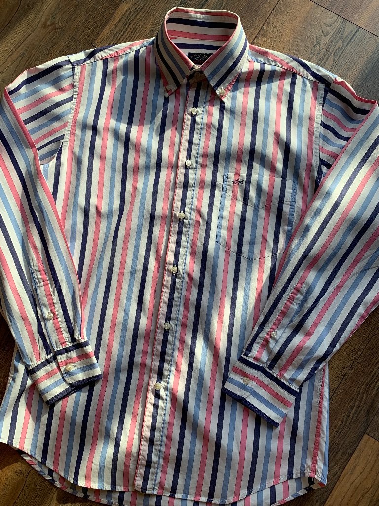 Paul & Shark herenoverhemd M/39 strepen wit roze blauw, Ophalen of Verzenden, Zo goed als nieuw, Blauw, Halswijdte 39/40 (M)