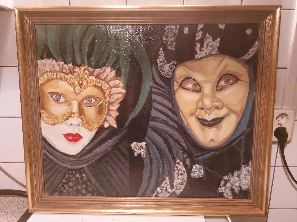 Venetiaanse maskers oud olieverfschilderij, Ophalen of Verzenden
