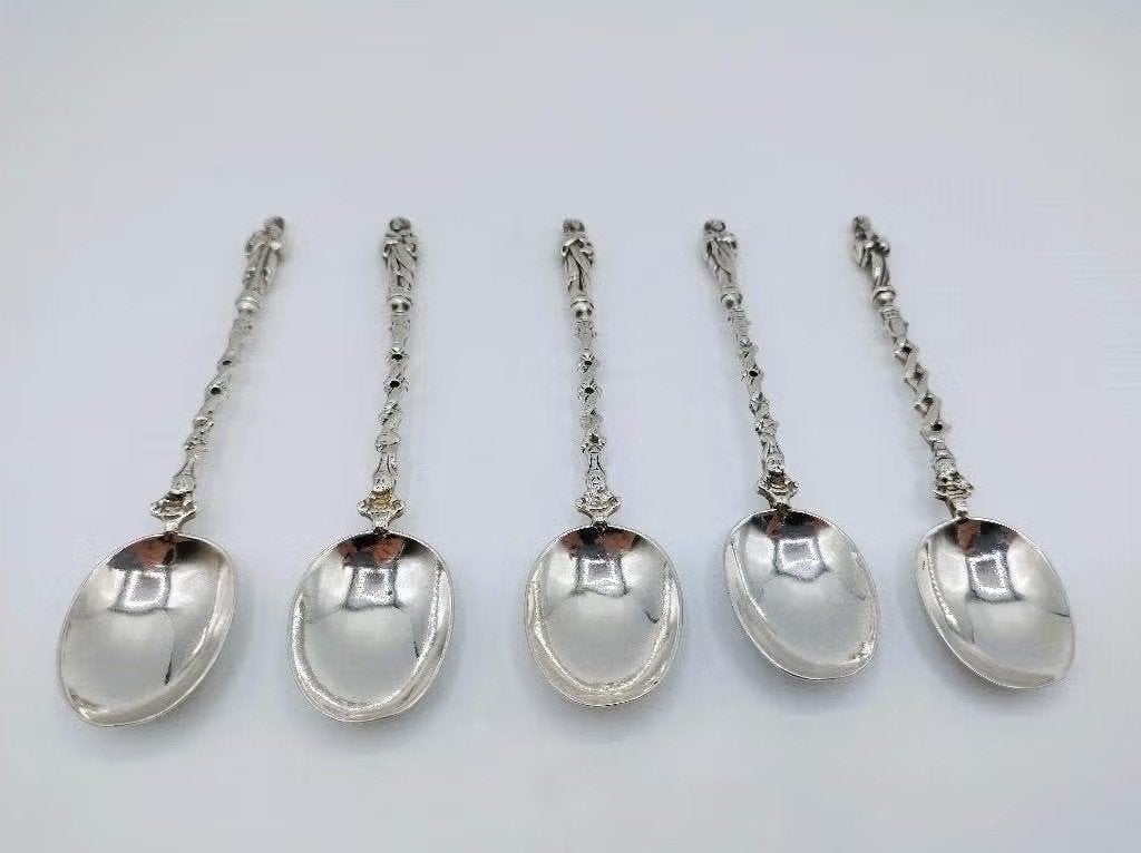 5 Zilveren apostellepels, D. de Jong Wzn, Groningen