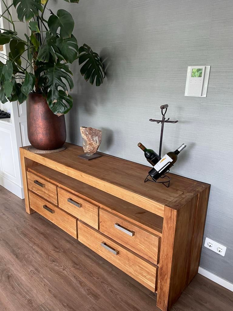 Massief Teakhouten Dressoir met 5 Lades - 180 cm Breed, Huis en Inrichting, Kasten | Dressoirs, Ophalen, Gebruikt, 150 tot 200 cm