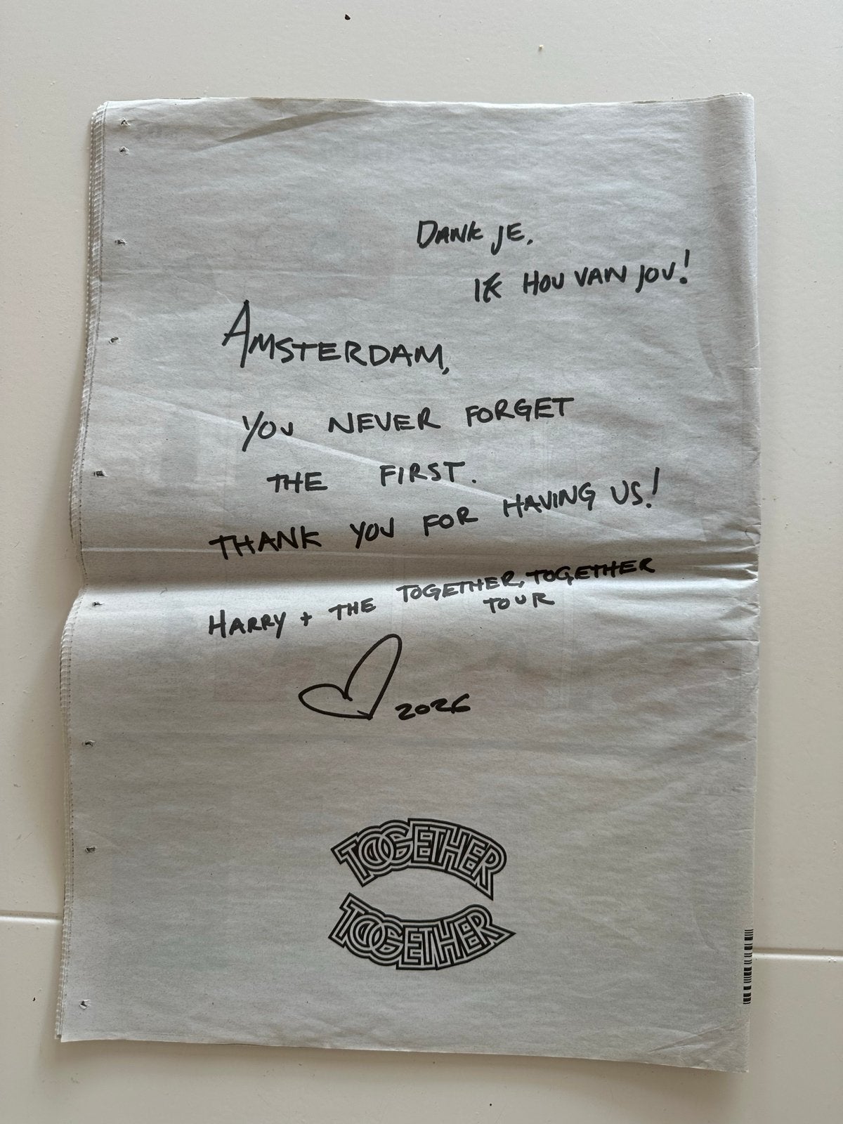 Het Parool / Harry Styles / Persoonlijke boodschap, Boeken, Tijdschriften en Kranten, Ophalen of Verzenden, Gelezen, Krant