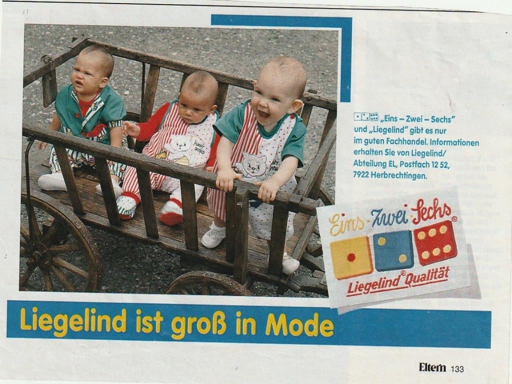Retro reclame 1990 Liegelind kindermode jongetjes drieling, Verzamelen, Verzenden, Overige typen