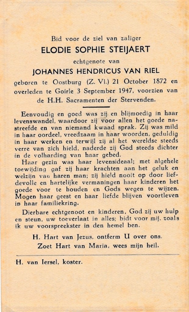 Steiaert Elodie 1872 Oostburg 1947 Goirle, Ophalen of Verzenden, Bidprentje