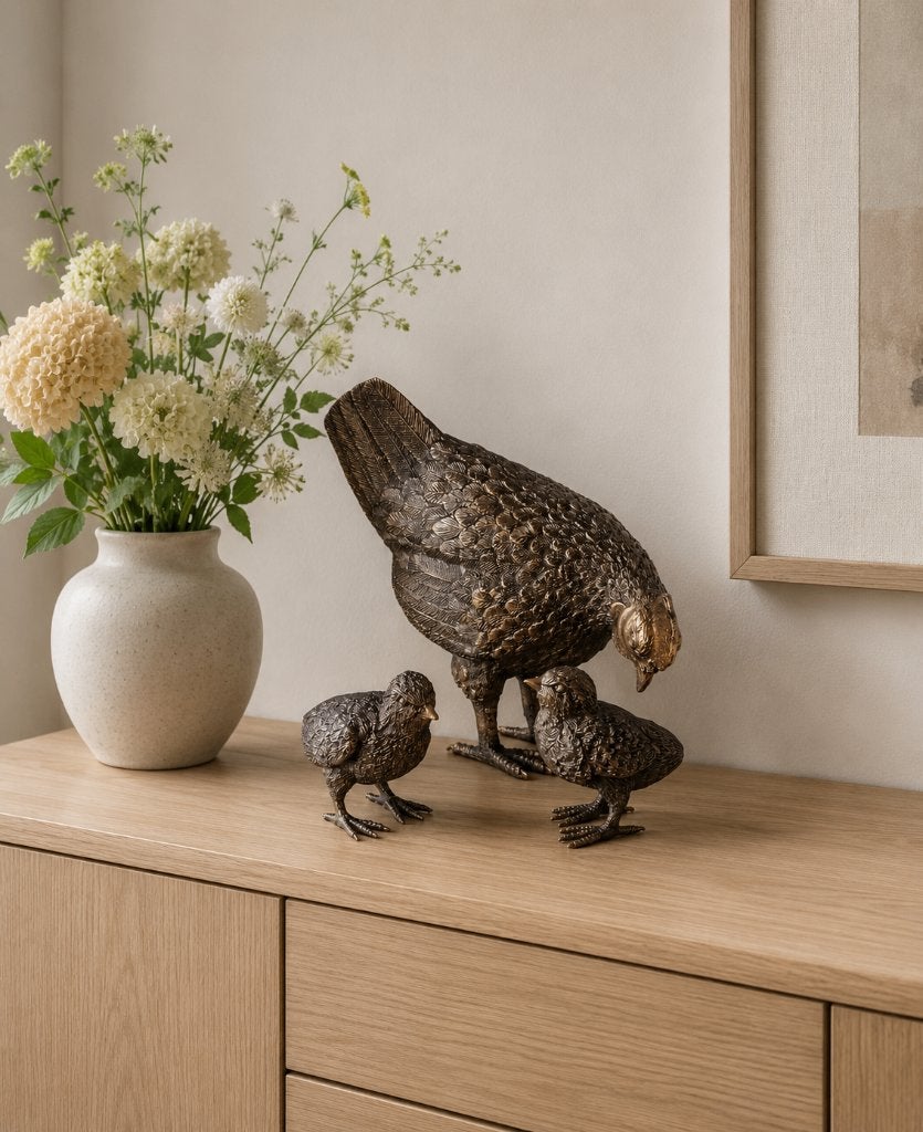 KIP MET KUIKENS / Bronzen tuinbeeld / HEN, Nieuw, Info@huisentuindecoratiemarie.nl, Huis en tuin decoratie marie, Dierenbeeld