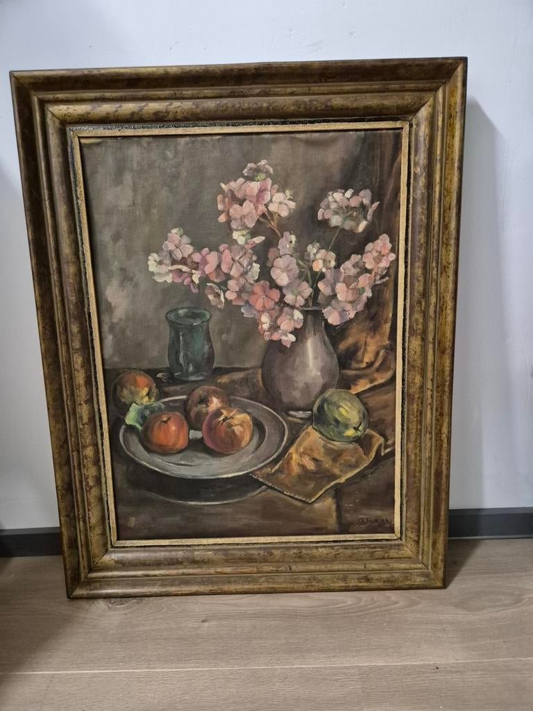 Schilderij met bloemen en fruit, gesigneerd JRFIN '44, Antiek en Kunst, Kunst | Schilderijen | Klassiek, Ophalen of Verzenden