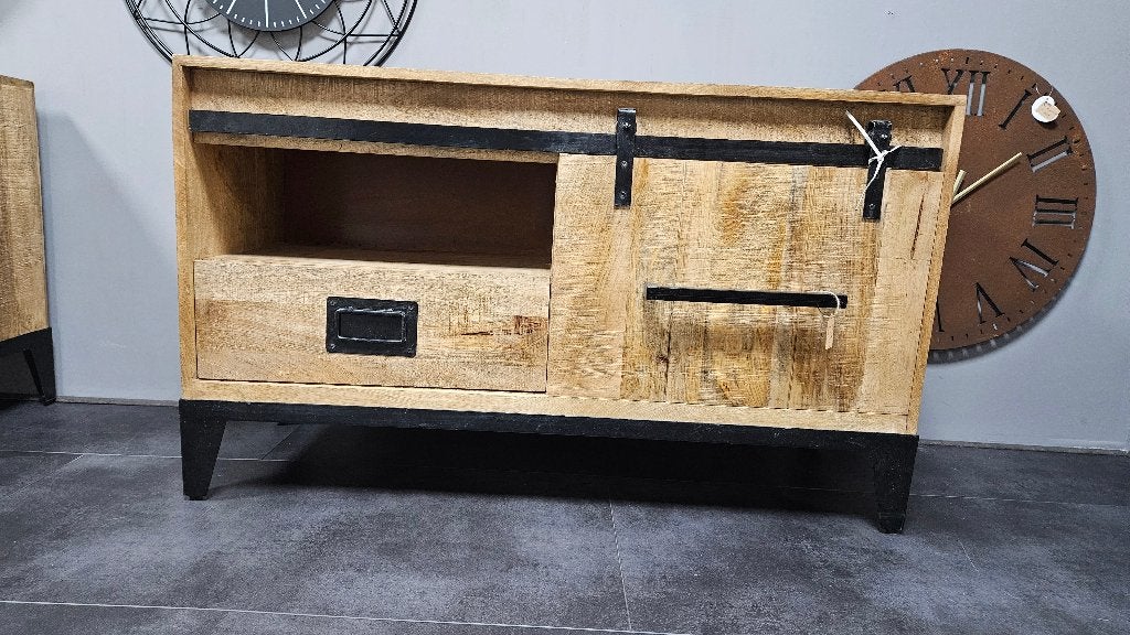 Industrieel tv-meubel van mangohout, 100 tot 150 cm, Zo goed als nieuw, Minder dan 100 cm, 25 tot 50 cm