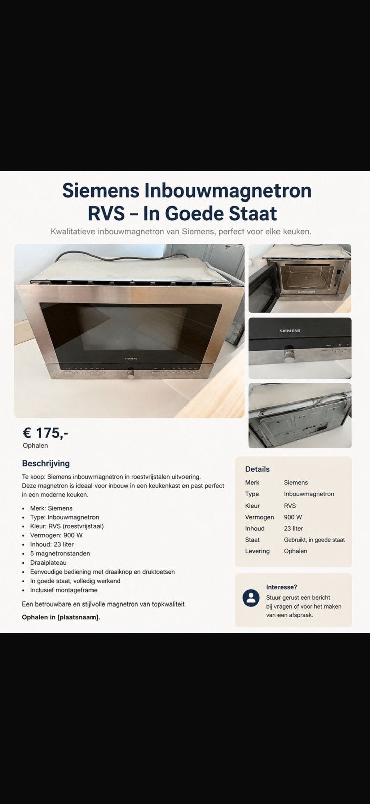 Siemens inbouwmagnetron – RVS – 900 Watt, Witgoed en Apparatuur, Magnetrons, Ophalen, Combimagnetron, Gebruikt, Inbouw