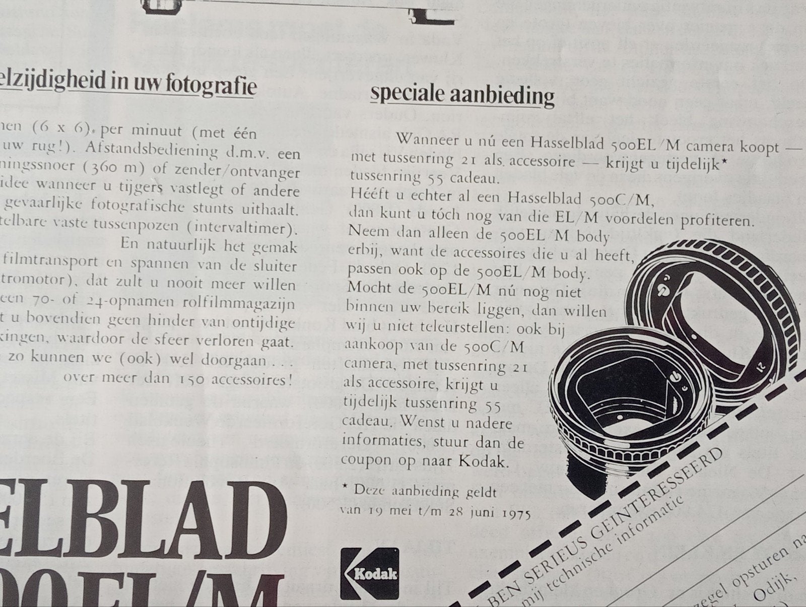 Hasselblad 500EL/M advertentie - begin jaren '70, Ophalen of Verzenden