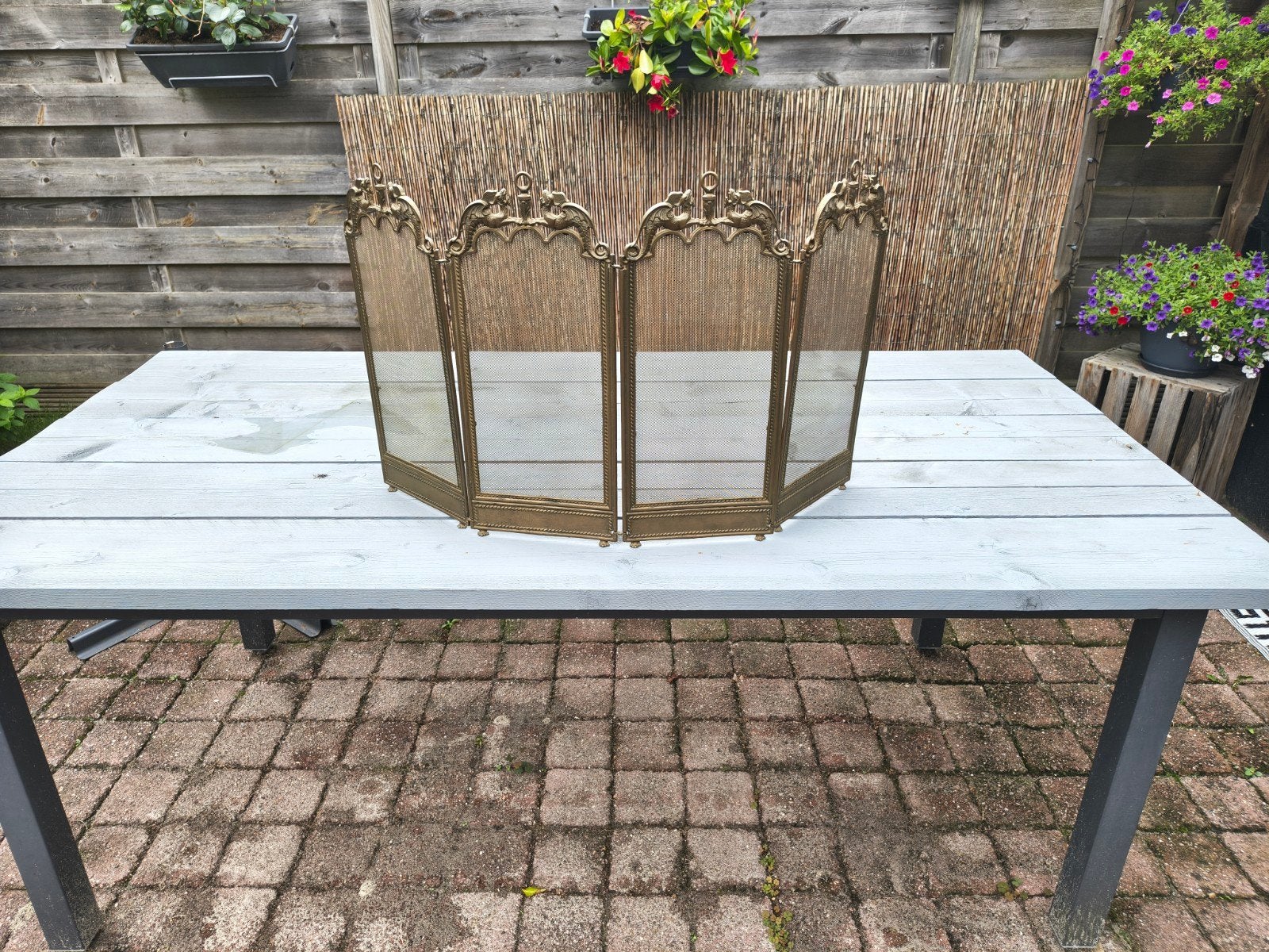 Antiek messing haardscherm met drakenmotief, Vintage, Gebruikt, Ophalen of Verzenden, Goud