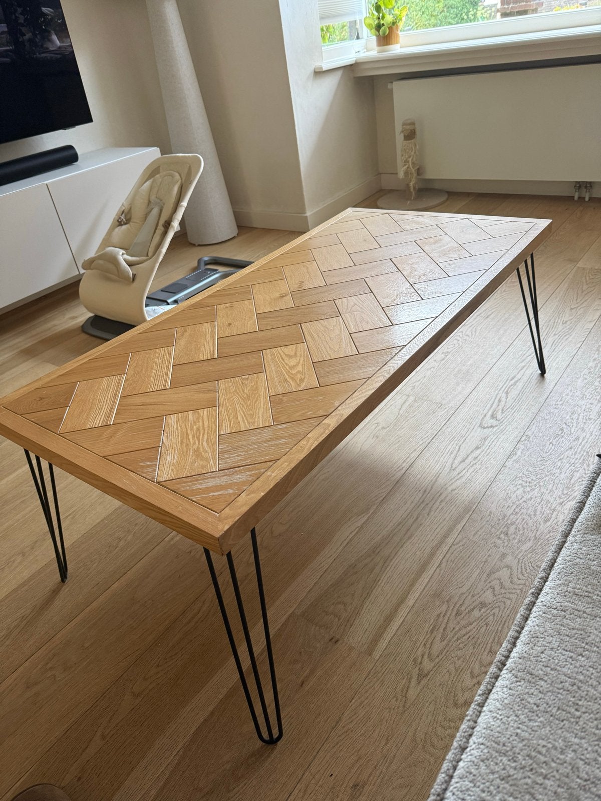Salontafel met visgraatmotief en hairpin poten, Ophalen, Gebruikt, 100 tot 150 cm, 50 tot 100 cm
