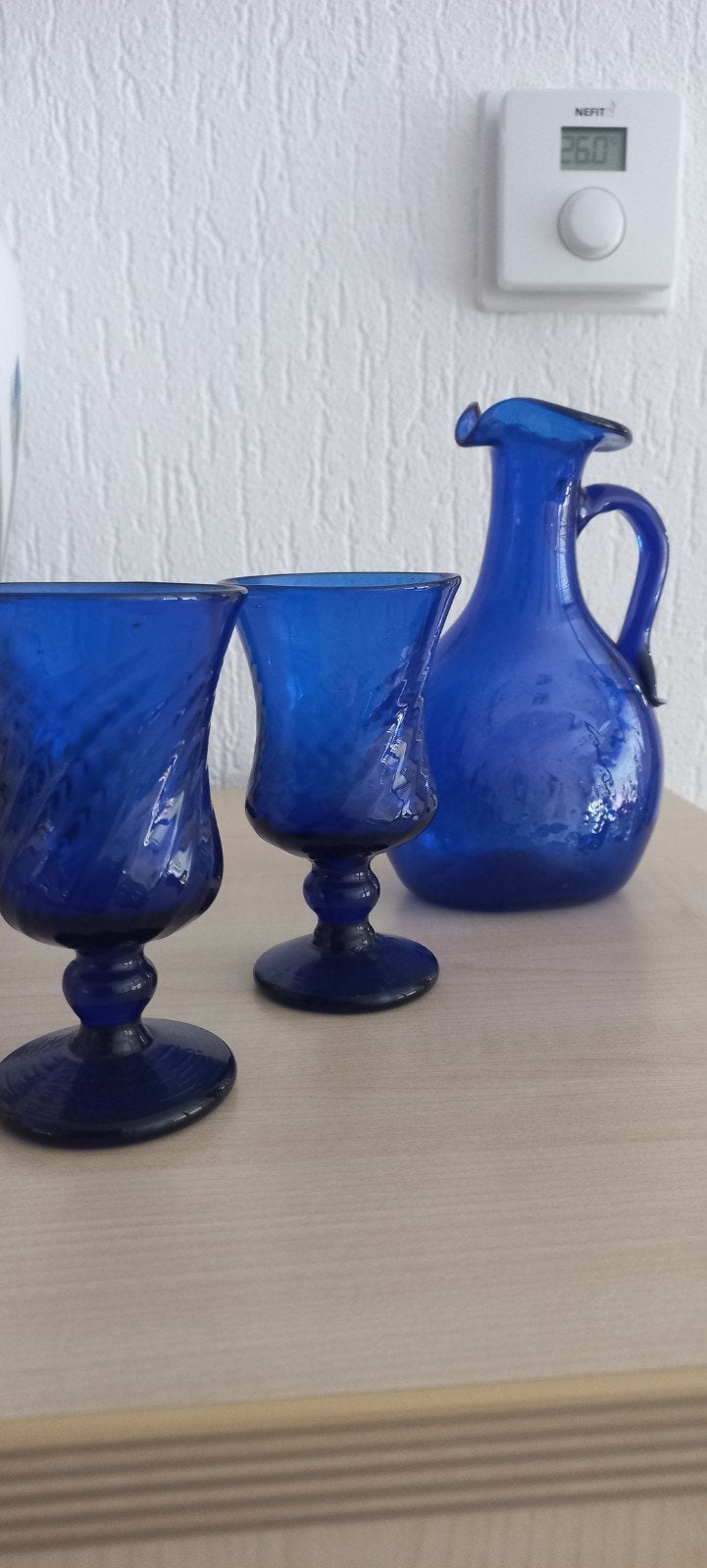 Vintage Kobaltblauw Mondgeblazen Glaswerk Set (3-delig), Antiek en Kunst, Ophalen of Verzenden
