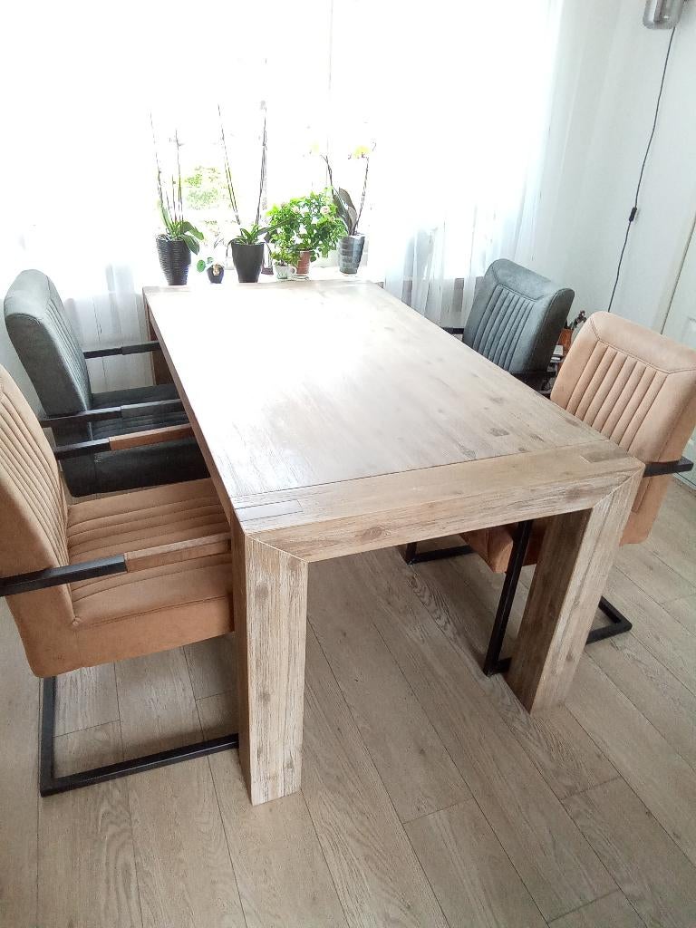 Eettafel vierkant 160 cm hout smokey white brushed, Ophalen, Gebruikt, 50 tot 100 cm, 150 tot 200 cm