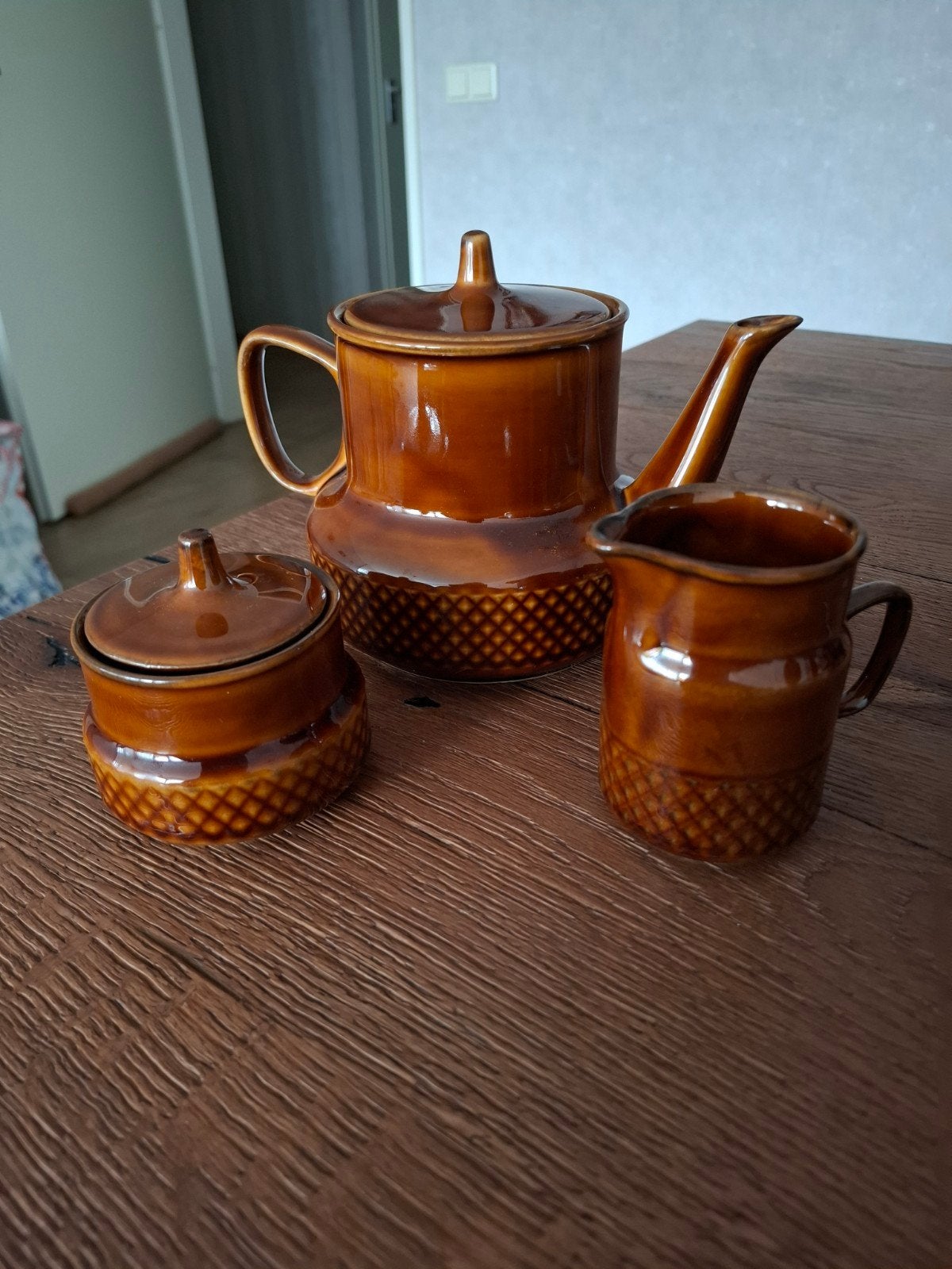 Vintage Bruin Keramiek Koffie-/Theeservies (3-delig), Ophalen