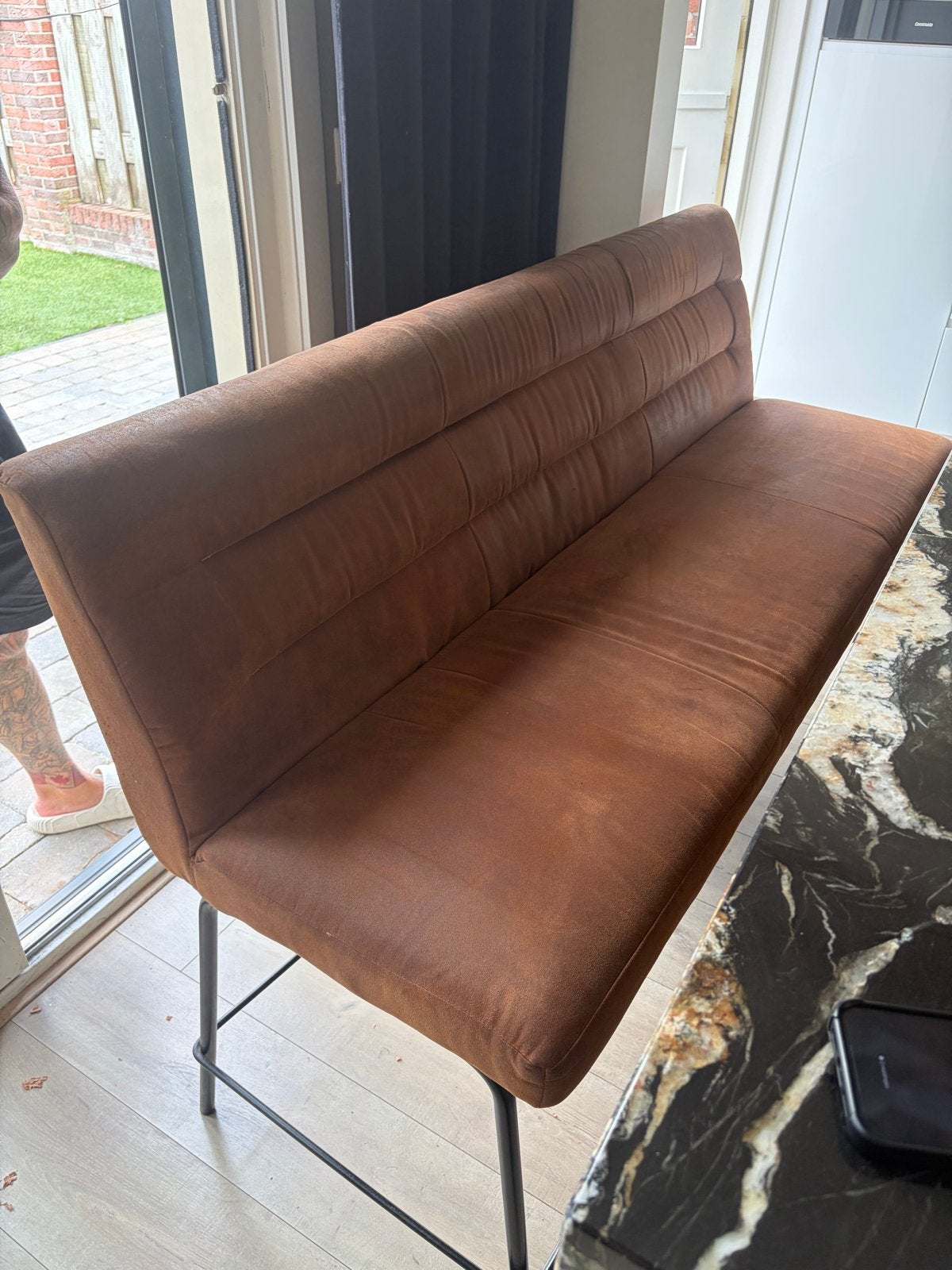 Barbank + stoelen, Huis en Inrichting, Barkrukken, Gebruikt, 90 cm of meer, Metaal, 3 krukken, Met voetsteun, Ophalen