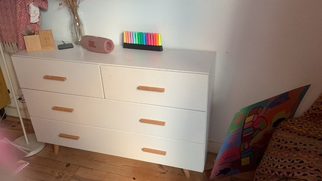 Dressoir, ladenkast, commode wit met hout, Ophalen, Gebruikt, 100 tot 150 cm, 3 of 4 laden