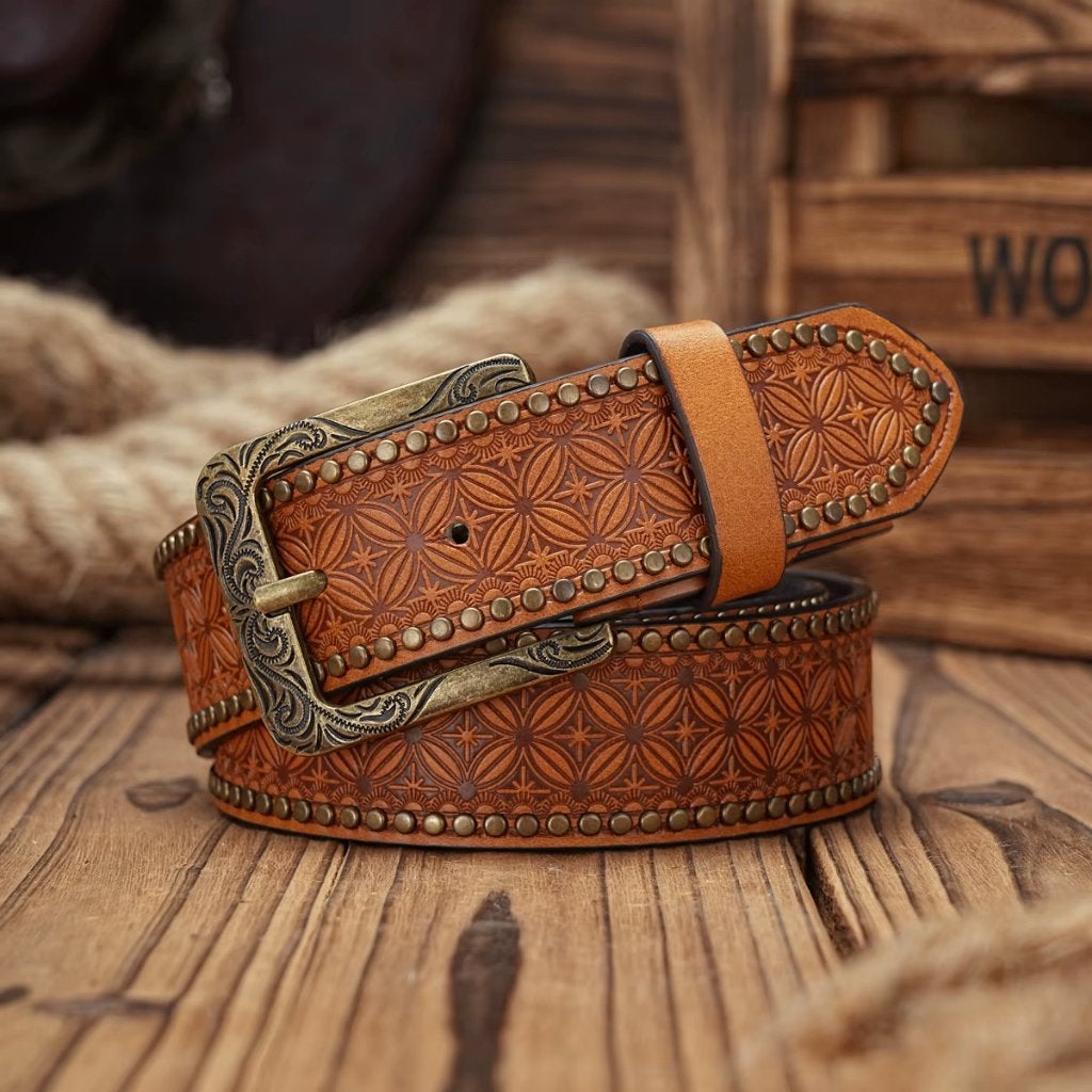 Cognac bruine kunstleren cowboyriem met bloemen motief, Bruin, Verzenden, Nieuw, 115 cm of meer