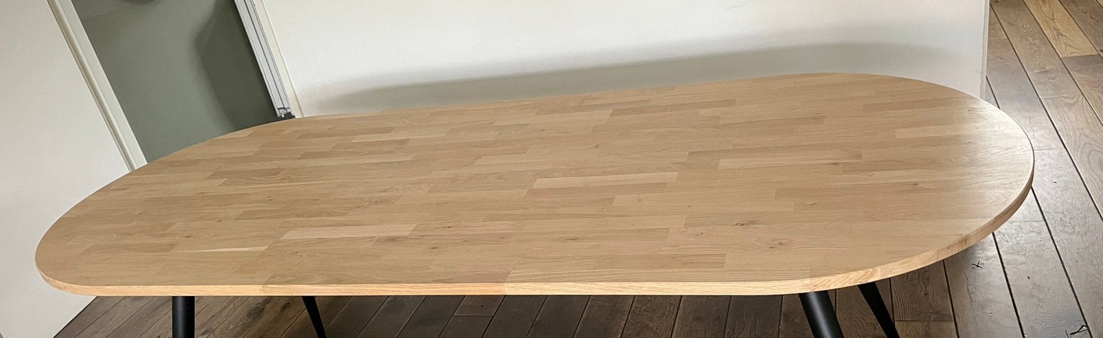 Nieuw! Woood Tablo Tafelblad  Ovaal220x90 €160, Ophalen, Eikenhout, 50 tot 100 cm, Vijf personen of meer