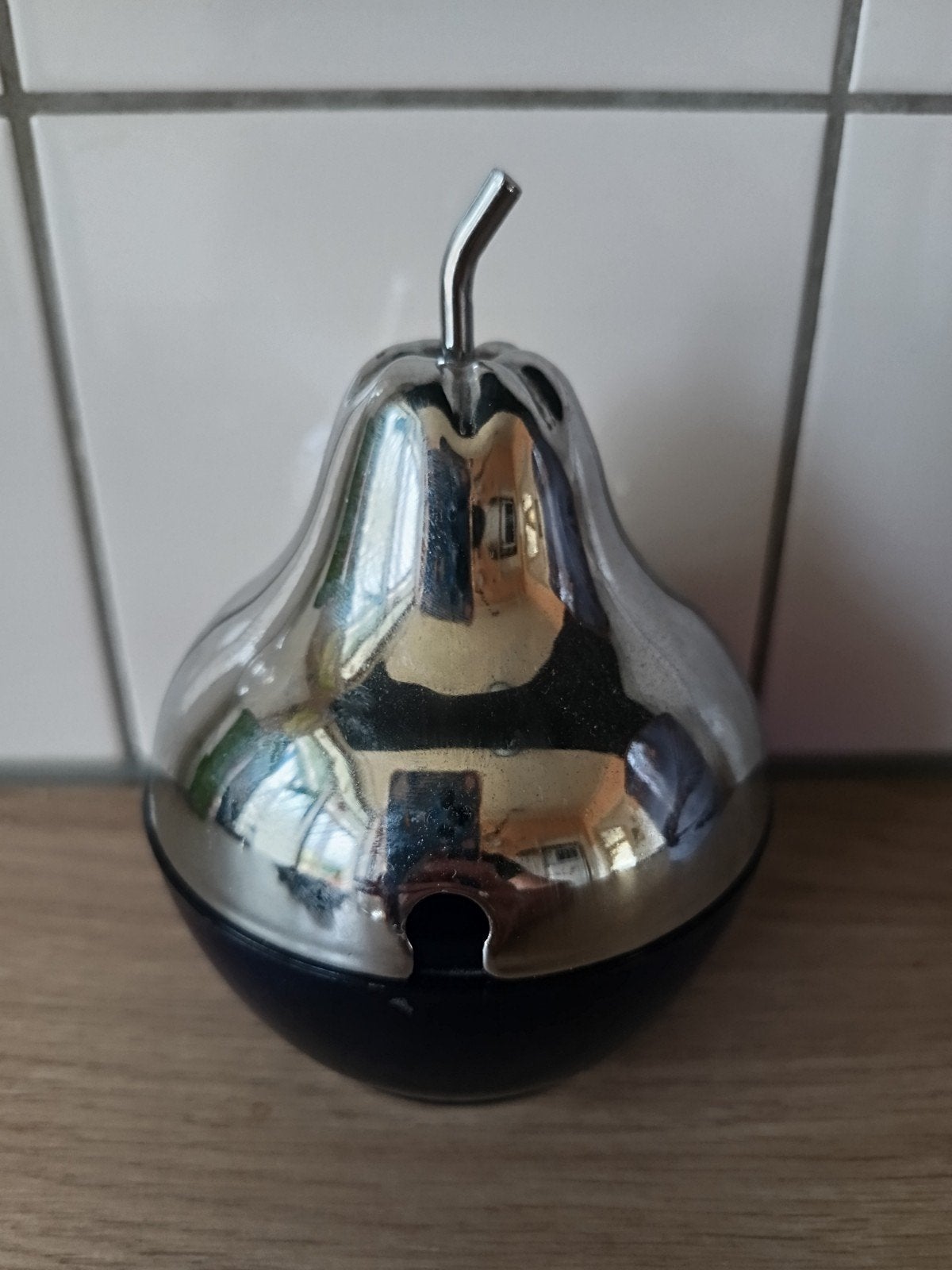 Vintage kobaltblauw glazen suikerpot peer met chroom deksel., Glas, Ophalen, Zo goed als nieuw, Handgemaakt