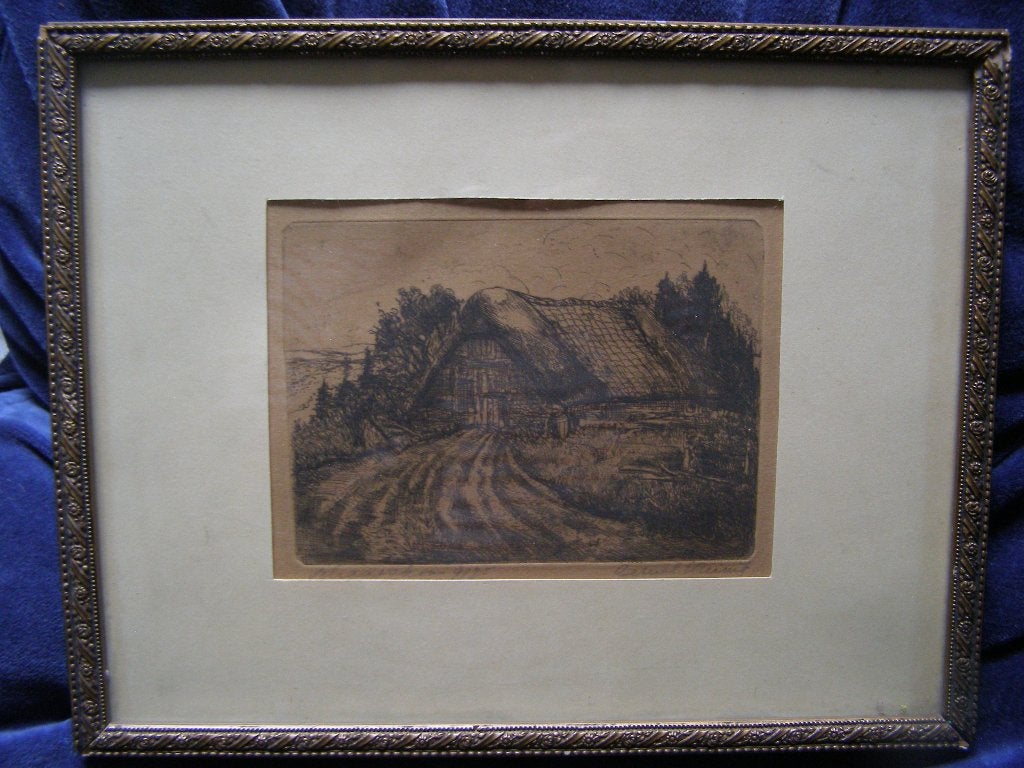 ets van een Schaapskooi uit 1875 gesigneerd, ingelijst., 10 cm, 1800 - 1899, Ets, Ophalen of Verzenden
