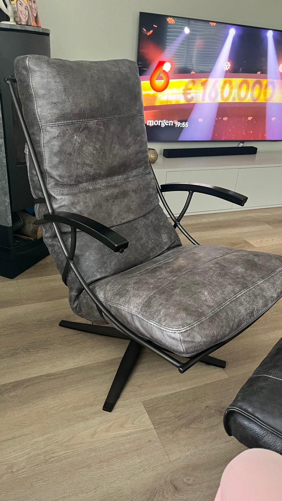 Relaxfauteuil Tiberius met voetenbank grijs leer