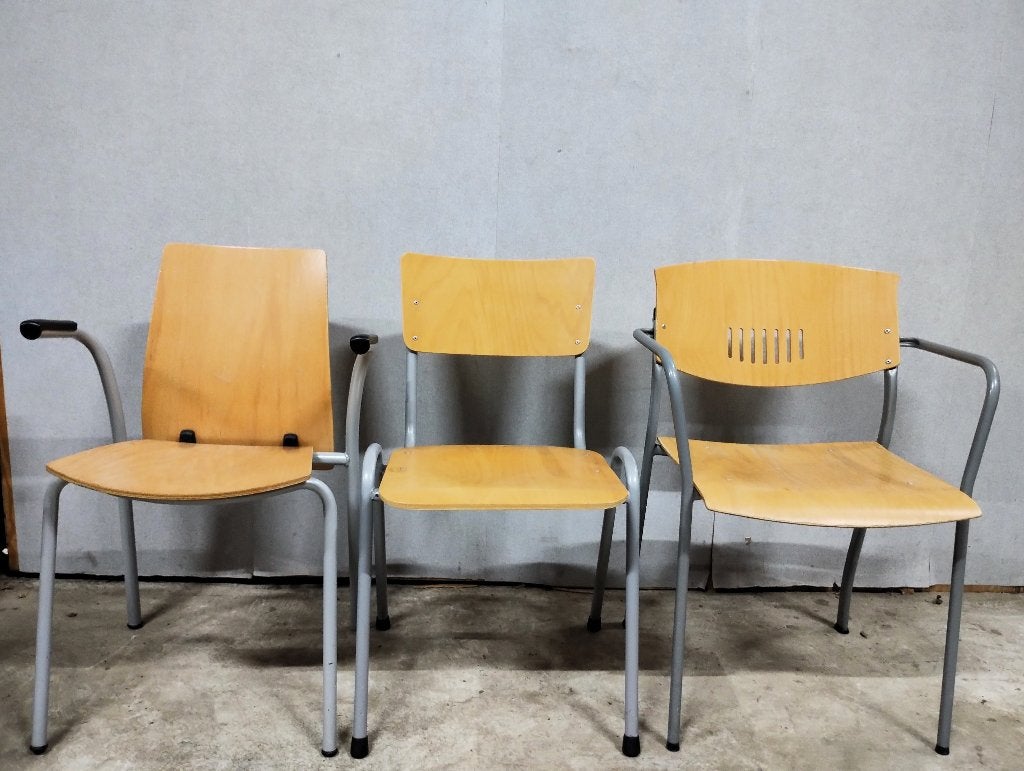 3x vintage schoolstoel cafestoel kantinestoel stoel, Ophalen, Gebruikt, Bruin, Drie