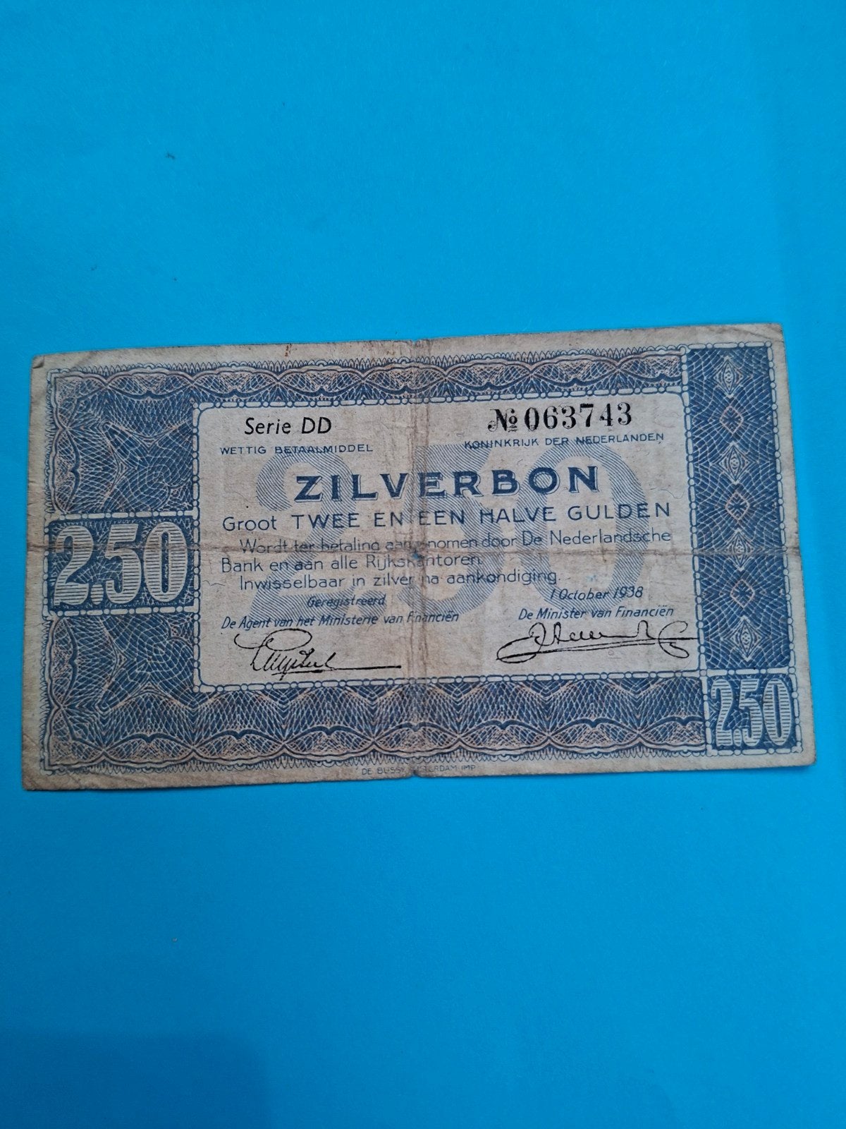 2,5 gulden Zilverbon 1938 in ZF, Ophalen of Verzenden, 2½ gulden, Los biljet