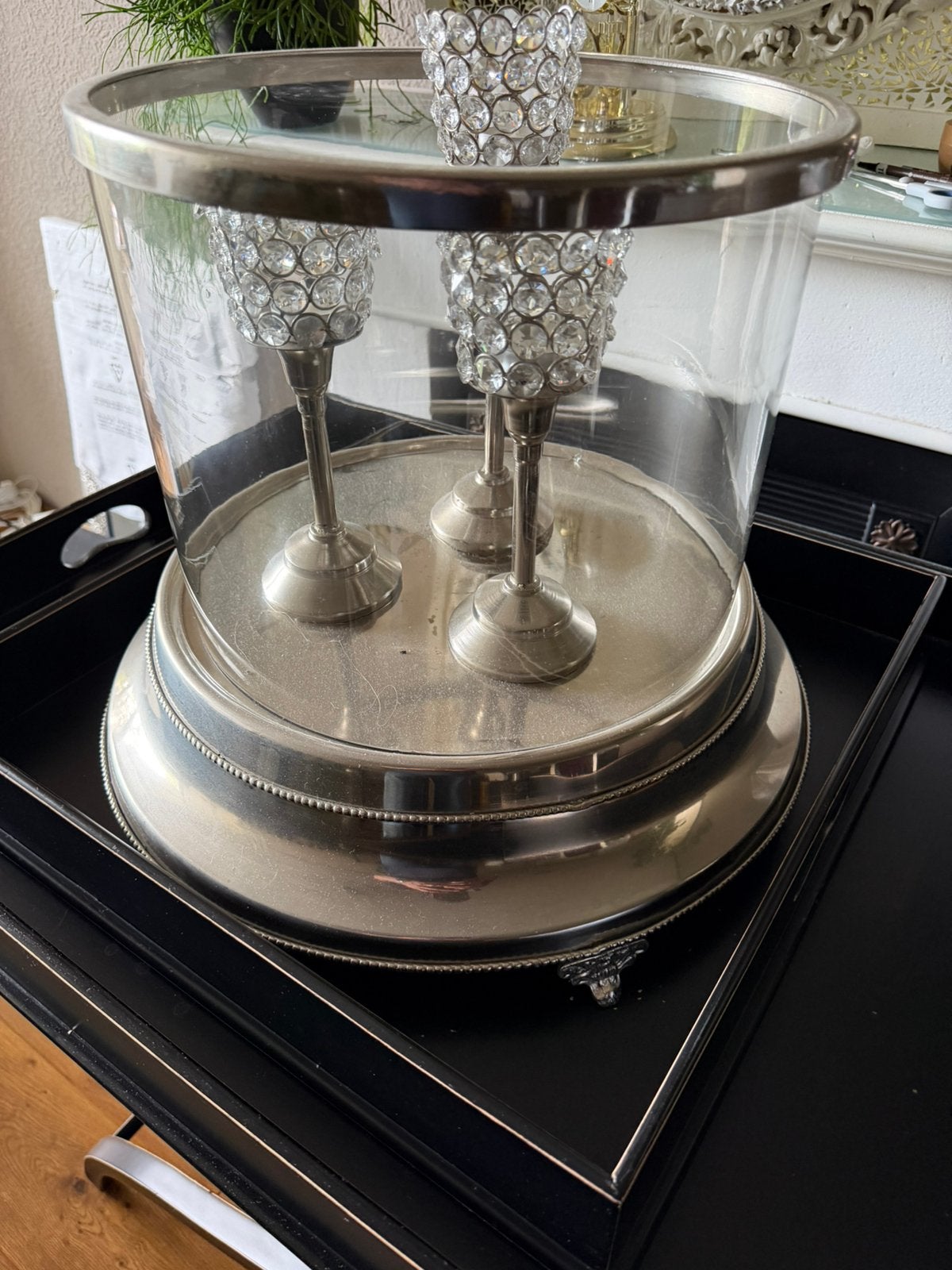 Glazen stolp decoratie met 3 kelkjes, Huis en Inrichting, Woonaccessoires | Stolpen, Ophalen of Verzenden, Zo goed als nieuw