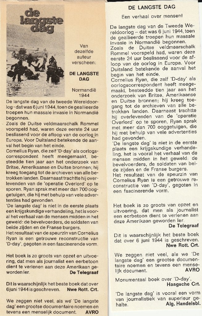 De Langste Dag. 6 juni 1944.Schrijver:Cornelius Ryan., Ophalen of Verzenden, Landmacht, Cornelius Ryan, Tweede Wereldoorlog