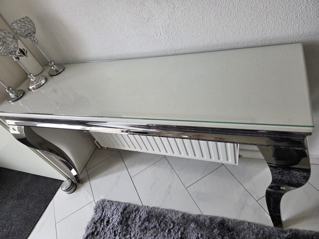 Eettafel met glazen blad en chromen onderstel, Huis en Inrichting, Tafels | Eettafels, 150 tot 200 cm, Vier personen, Rechthoekig