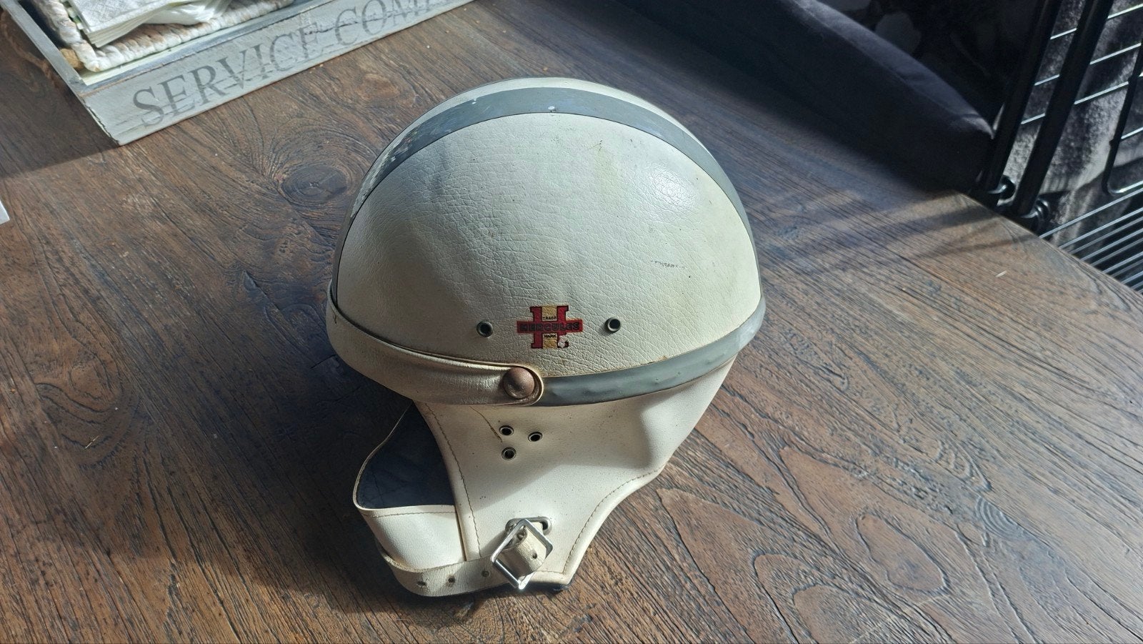 Vintage motorhelm - Wit met grijze strepen, Motoren, Ophalen of Verzenden, Tweedehands, Jethelm, Overige merken