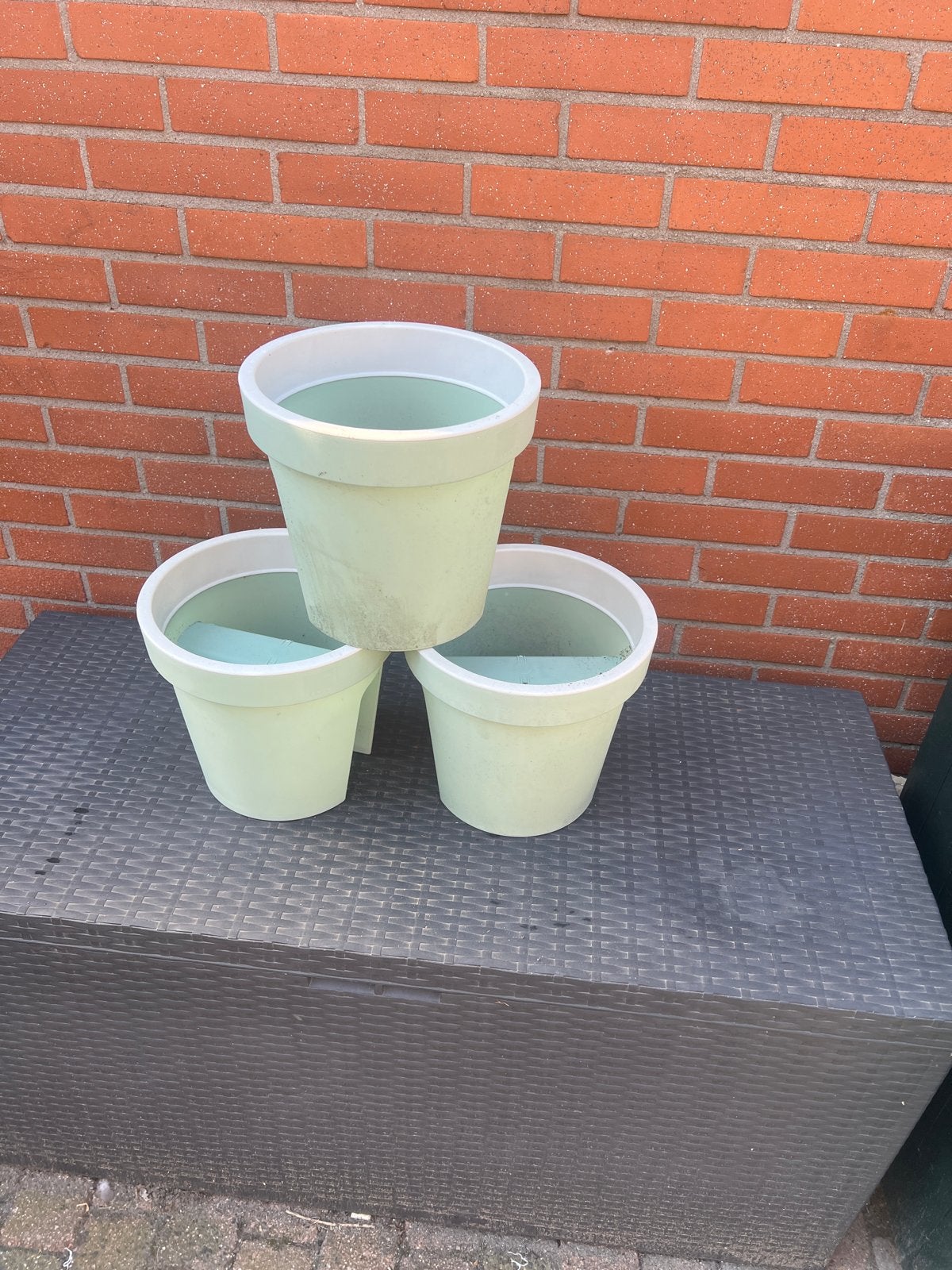 Set van 3 lichtgroene bloempotten, Tuin en Terras, Bloempotten, Gebruikt, Kunststof, Binnen, Minder dan 40 cm, 25 tot 40 cm, Rond