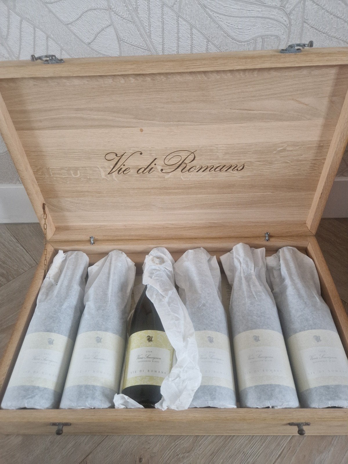 Vie di Romans Sauvignon Blanc 2007,2008,2009 in houten kis, Ophalen of Verzenden, Frankrijk, Rode wijn