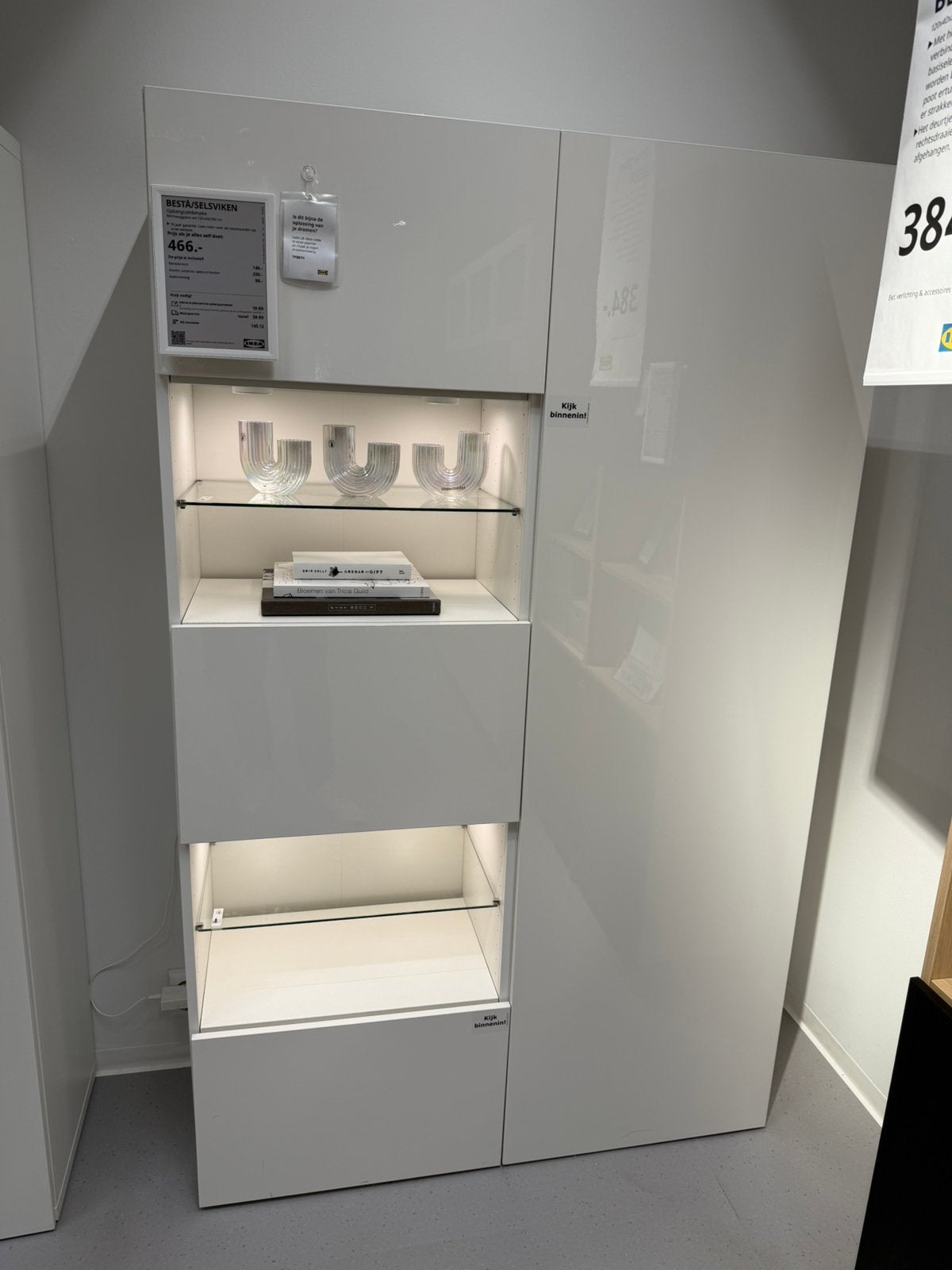 IKEA BESTÅ wandkast wit hoogglans met LED verlichting, Ophalen, Zo goed als nieuw, 25 tot 50 cm, 100 tot 150 cm