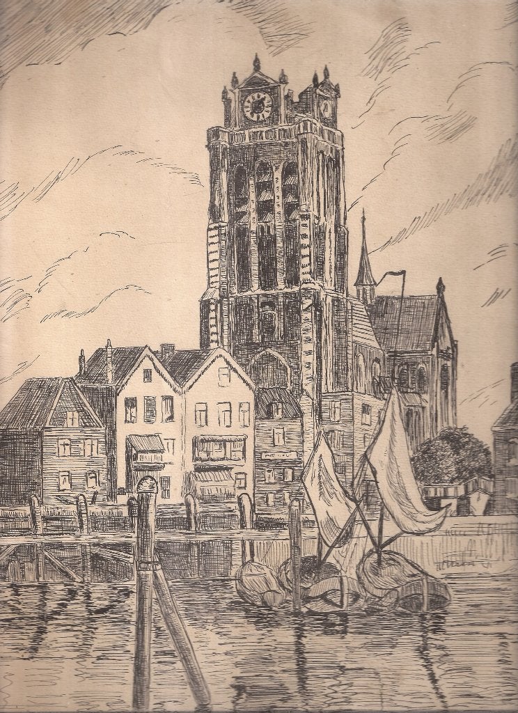 Schipper, M.B. - Dordrecht Groote Kerk met Bomkade 1930 pent, Antiek en Kunst, Ophalen of Verzenden, Gesigneerd