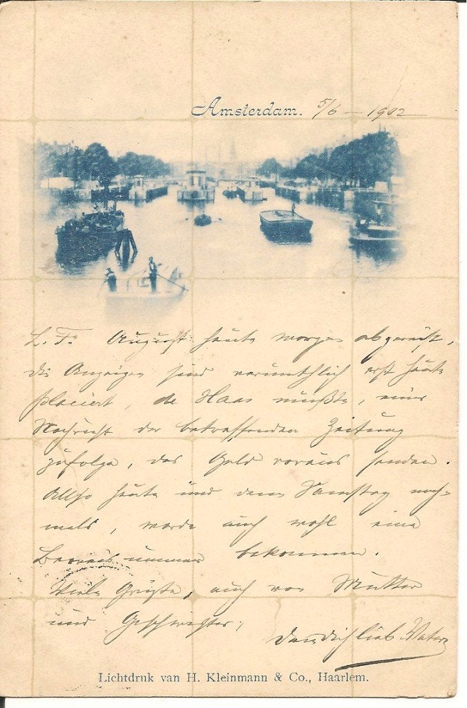 Ansichtkaart Amsterdam gracht met boten 1902, Ophalen of Verzenden, 1940 tot 1960, Gelopen, Noord-Holland