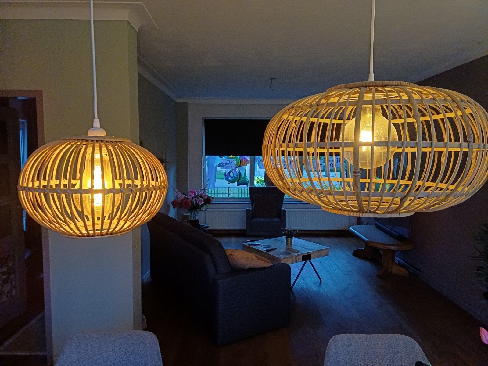 Set van 2 Rotan/Bamboe Hanglampen - Groot en Klein-ZGAN, Huis en Inrichting, Ophalen, Natuurlijk materiaal, Zo goed als nieuw